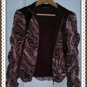 Penta Burgundy Ruffle Sleeves/Front/Back/ Silk/Polyester Collar Jacket Zip Sz 8